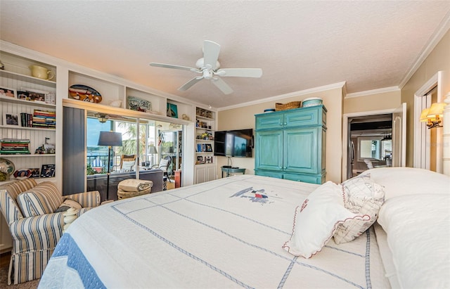 8210 Aquila St Unit 218, Port Richey, FL 34668 - bedroom featuring access to outside, ornamental molding, a textured ceiling, and ceiling fan