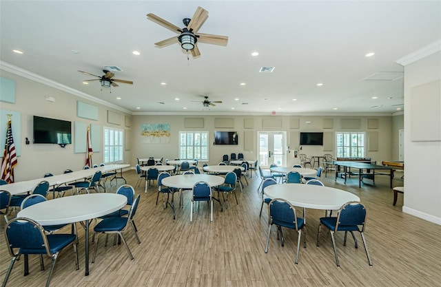 8210 Aquila St Unit 218, Port Richey, FL 34668 - dining area with recessed lighting, light wood-type flooring, ornamental molding, baseboards, and a ceiling fan