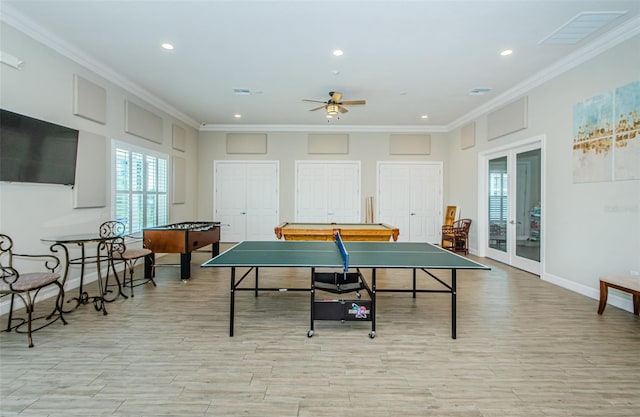 8210 Aquila St Unit 218, Port Richey, FL 34668 - rec room featuring pool table, crown molding, a ceiling fan, recessed lighting, and light wood-style flooring