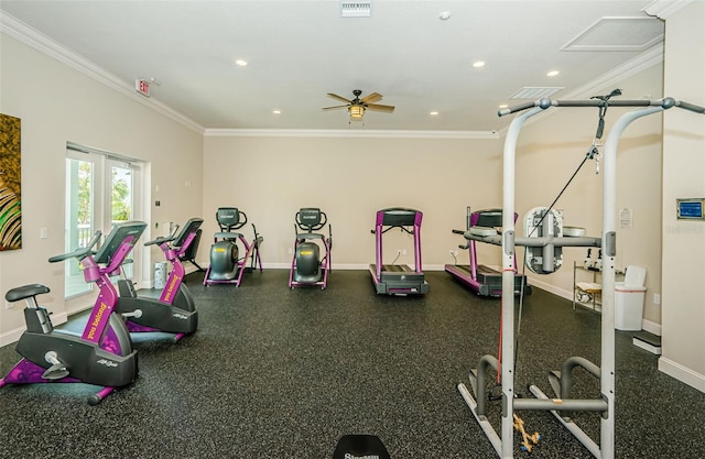 8210 Aquila St Unit 218, Port Richey, FL 34668 - exercise room featuring crown molding, recessed lighting, baseboards, and ceiling fan