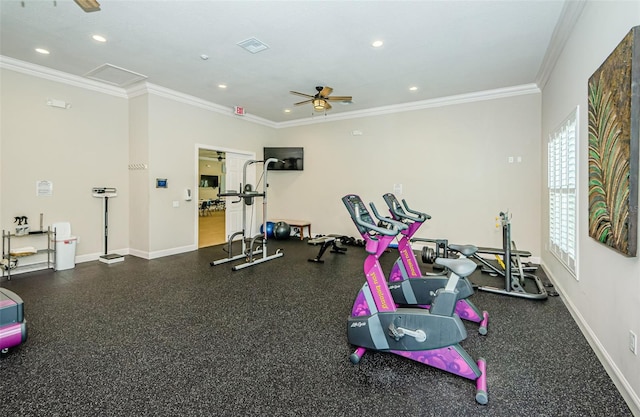 8210 Aquila St Unit 218, Port Richey, FL 34668 - gym featuring crown molding, ceiling fan, baseboards, and recessed lighting