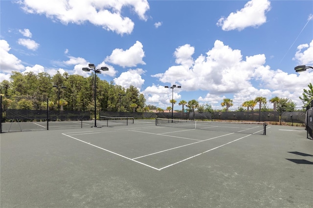 view of tennis court featuring fence