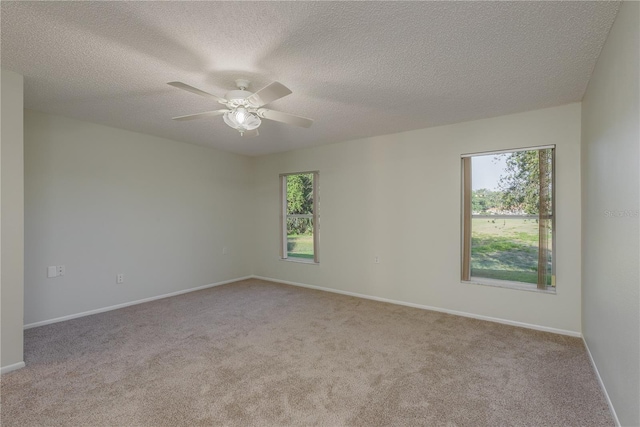 spare room with a ceiling fan, a textured ceiling, a wealth of natural light, and light carpet
