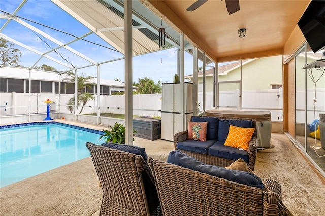 12040 Penzance Ln, New Port Richey, FL 34654 - view of swimming pool featuring outdoor lounge area, a patio, a fenced backyard, a fenced in pool, and a ceiling fan