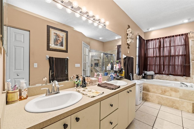 12040 Penzance Ln, New Port Richey, FL 34654 - full bath with double vanity, a sink, tile patterned floors, and a shower stall