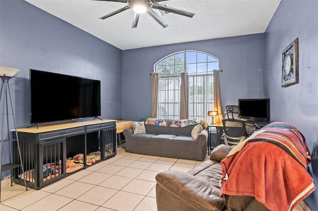 12040 Penzance Ln, New Port Richey, FL 34654 - living area featuring a textured ceiling, ceiling fan, and tile patterned floors