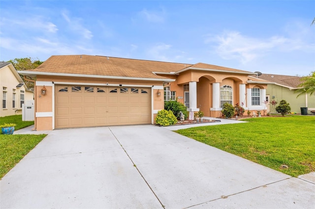 12040 Penzance Ln, New Port Richey, FL 34654 - view of front facade featuring a garage, stucco siding, driveway, and a front yard