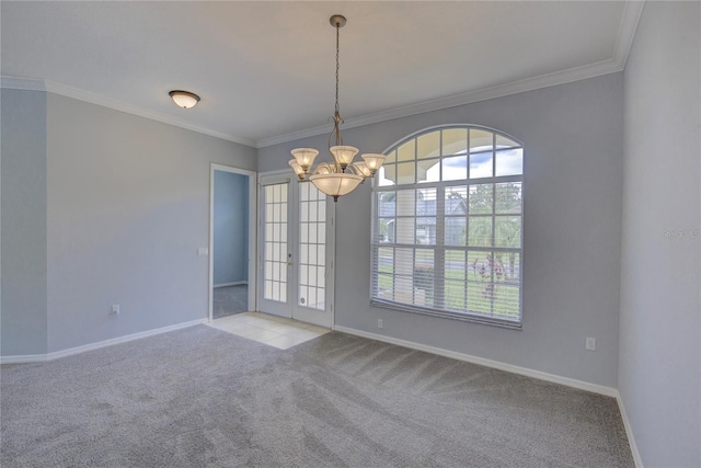 7827 Starfire Way, New Port Richey, FL 34654 - unfurnished room with light colored carpet, a chandelier, baseboards, crown molding, and french doors