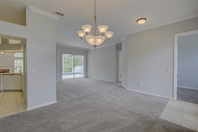 7827 Starfire Way, New Port Richey, FL 34654 - empty room featuring ornamental molding, light carpet, a chandelier, baseboards, and light tile patterned floors