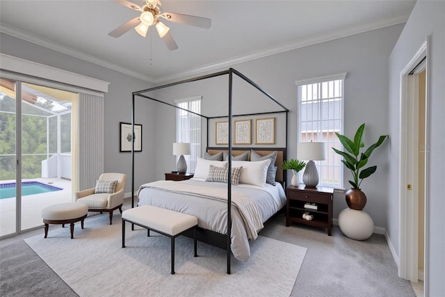 7827 Starfire Way, New Port Richey, FL 34654 - bedroom featuring access to exterior, carpet floors, crown molding, baseboards, and a ceiling fan