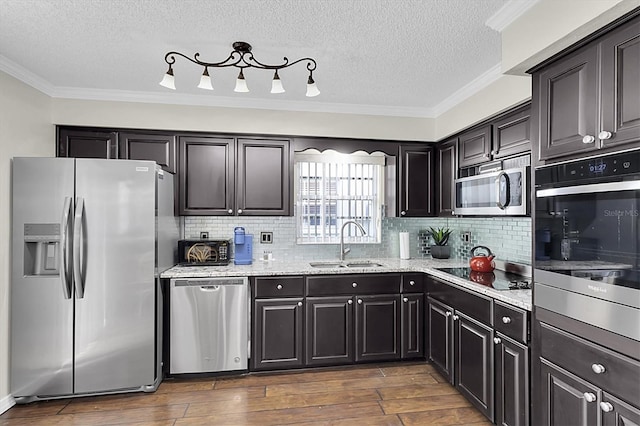 6219 Wilds Dr Unit 11A, New Port Richey, FL 34653 - kitchen featuring stainless steel appliances, a sink, crown molding, a textured ceiling, and backsplash