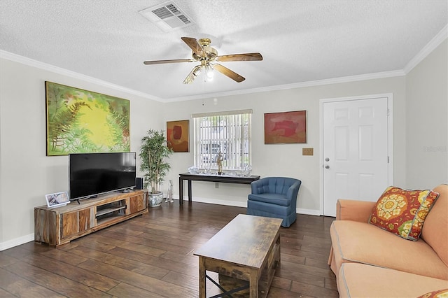 6219 Wilds Dr Unit 11A, New Port Richey, FL 34653 - living area featuring dark wood-type flooring, a ceiling fan, ornamental molding, a textured ceiling, and baseboards