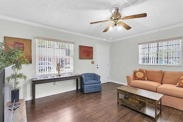 6219 Wilds Dr Unit 11A, New Port Richey, FL 34653 - living area with hardwood / wood-style flooring, ornamental molding, a ceiling fan, a textured ceiling, and baseboards