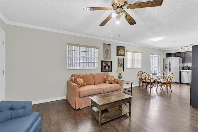 6219 Wilds Dr Unit 11A, New Port Richey, FL 34653 - living area featuring crown molding, a textured ceiling, baseboards, dark wood-style floors, and a ceiling fan