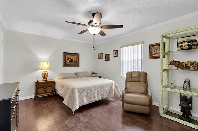 6219 Wilds Dr Unit 11A, New Port Richey, FL 34653 - bedroom featuring ornamental molding, dark wood finished floors, a textured ceiling, baseboards, and ceiling fan