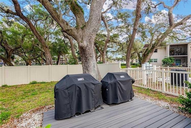 840 Virginia St Unit 202, Dunedin, FL 34698 - wooden deck with a fenced backyard, central air condition unit, and grilling area