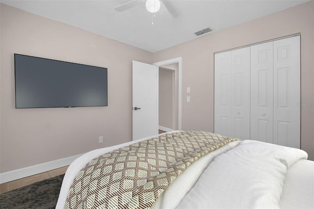 2660 Orangewood Ct, Palm Harbor, FL 34684 - tiled bedroom with baseboards, ceiling fan, a closet, and visible vents