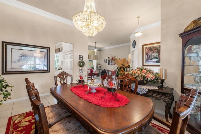 tiled dining area featuring crown molding, baseboards, and a notable chandelier