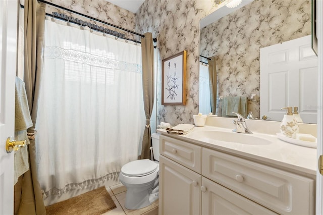 bathroom with tile patterned flooring, shower / tub combo, vanity, toilet, and wallpapered walls