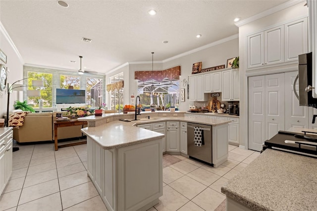 kitchen with a sink, appliances with stainless steel finishes, light tile patterned floors, and ornamental molding