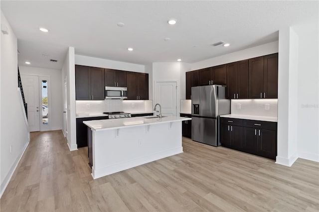 kitchen featuring appliances with stainless steel finishes, a sink, light countertops, decorative backsplash, and light wood-type flooring
