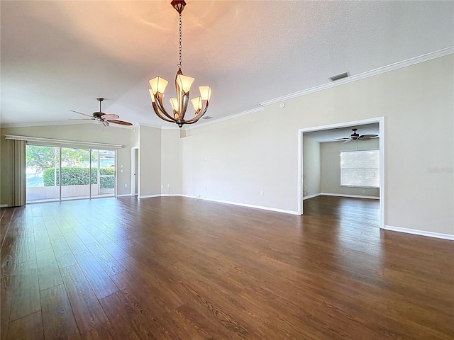unfurnished room featuring dark wood-type flooring, a chandelier, ceiling fan, baseboards, and ornamental molding