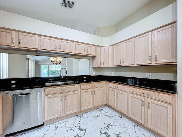kitchen featuring stainless steel dishwasher, a sink, light marble finish flooring, and light brown cabinets