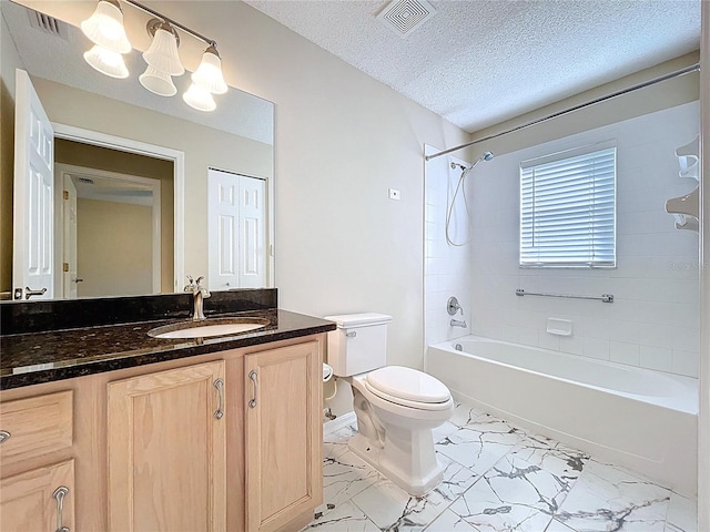 full bath with toilet, marble look tile flooring, shower / washtub combination, vanity, and baseboards
