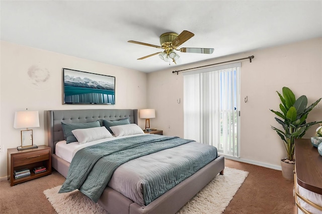 carpeted bedroom with access to outside, baseboards, and ceiling fan