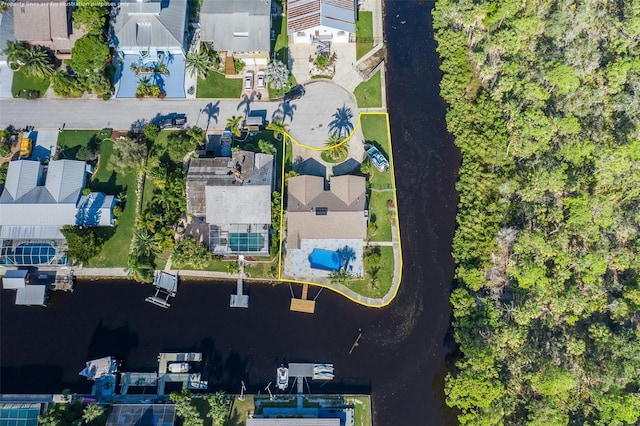 aerial view featuring a water view and a residential view