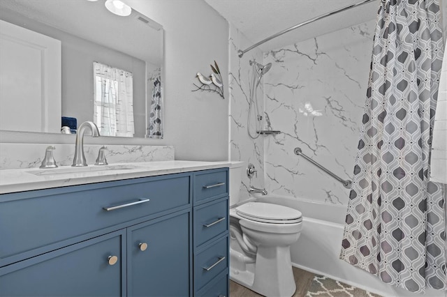 full bath featuring vanity, toilet, and shower / bath combination with curtain