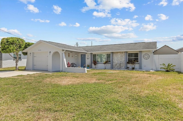 ranch-style house featuring fence, a front lawn, concrete driveway, an attached garage, and stucco siding