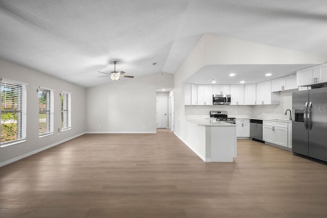 kitchen with light wood-style floors, white cabinetry, a ceiling fan, vaulted ceiling, and stainless steel appliances
