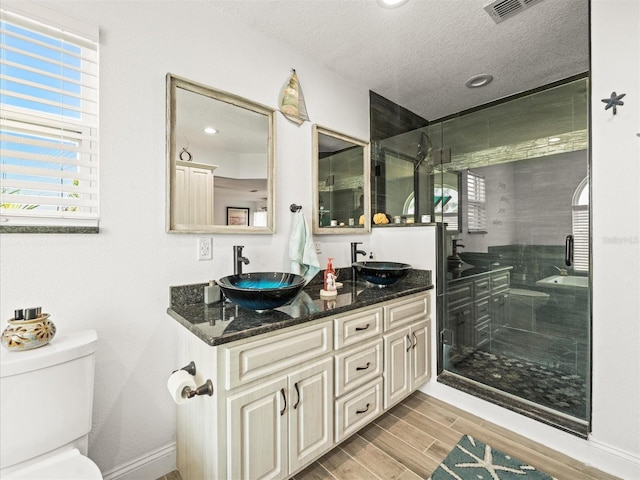 full bath featuring a textured ceiling, toilet, a healthy amount of sunlight, and a sink