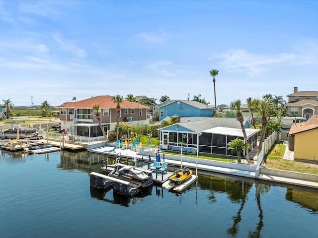 dock area with a water view, boat lift, and a residential view