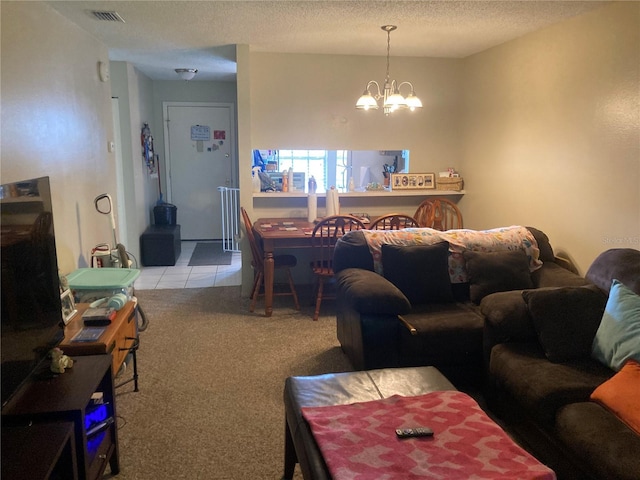2850 Westmoreland Ct, New Port Richey, FL 34655 - carpeted living area with a chandelier, a textured ceiling, and tile patterned floors