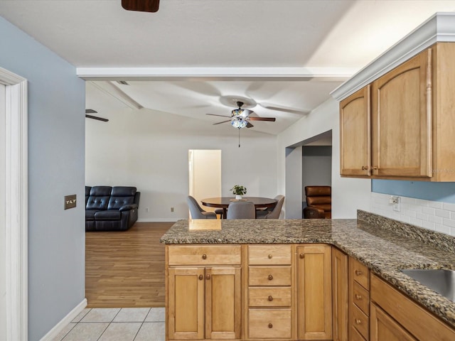 11512 Yellow Birch Ct, New Port Richey, FL 34654 - kitchen with ceiling fan, a peninsula, dark stone countertops, and baseboards