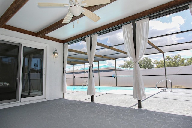 view of pool with a fenced backyard, a patio, a fenced in pool, and a ceiling fan