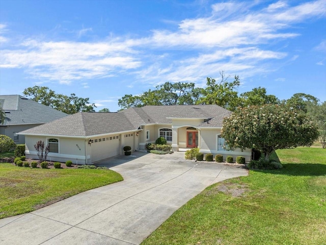 9216 Tarleton Cir, Weeki Wachee, FL 34613 - single story home with driveway, a garage, stucco siding, a shingled roof, and a front lawn