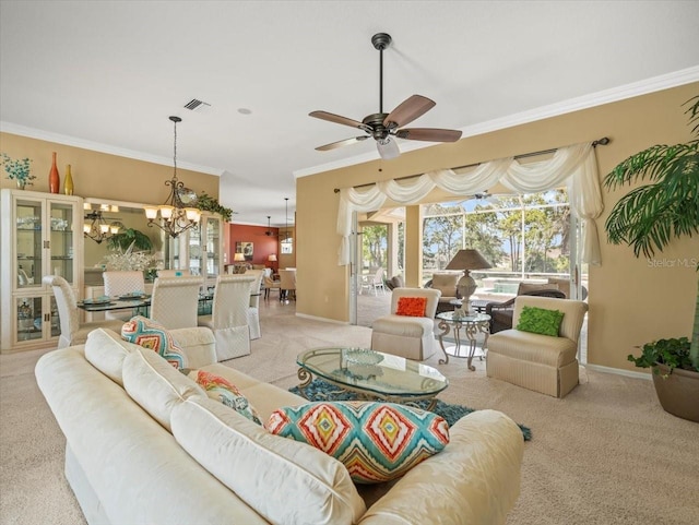 9216 Tarleton Cir, Weeki Wachee, FL 34613 - carpeted living room with baseboards, visible vents, crown molding, and ceiling fan with notable chandelier