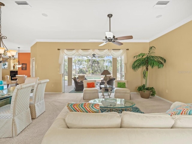 9216 Tarleton Cir, Weeki Wachee, FL 34613 - living area featuring ornamental molding, carpet floors, baseboards, and visible vents