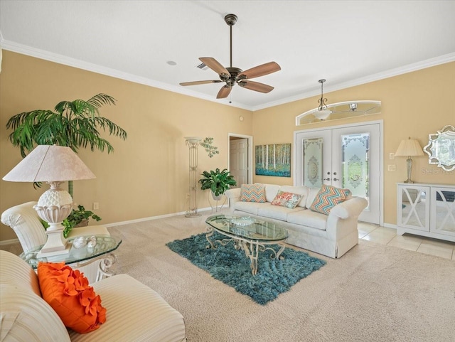 9216 Tarleton Cir, Weeki Wachee, FL 34613 - carpeted living room featuring ornamental molding, baseboards, french doors, and a ceiling fan