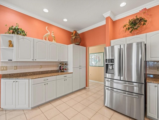 9216 Tarleton Cir, Weeki Wachee, FL 34613 - kitchen featuring open shelves, crown molding, tasteful backsplash, and stainless steel refrigerator with ice dispenser