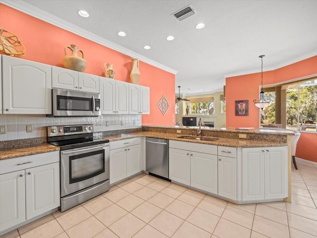 9216 Tarleton Cir, Weeki Wachee, FL 34613 - kitchen with a sink, a peninsula, visible vents, crown molding, and appliances with stainless steel finishes