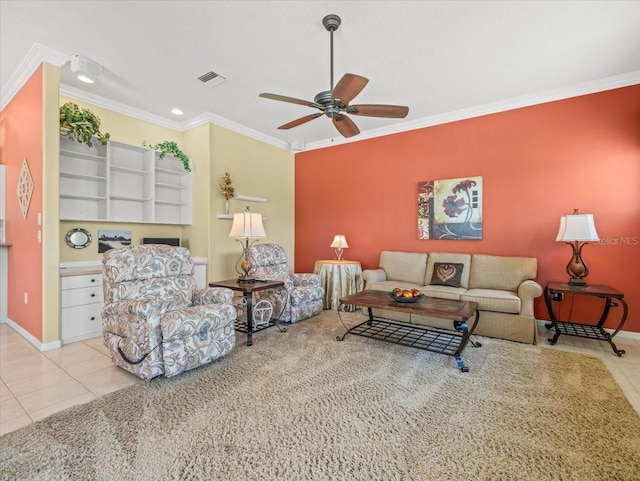 9216 Tarleton Cir, Weeki Wachee, FL 34613 - tiled living area with recessed lighting, baseboards, ceiling fan, visible vents, and crown molding