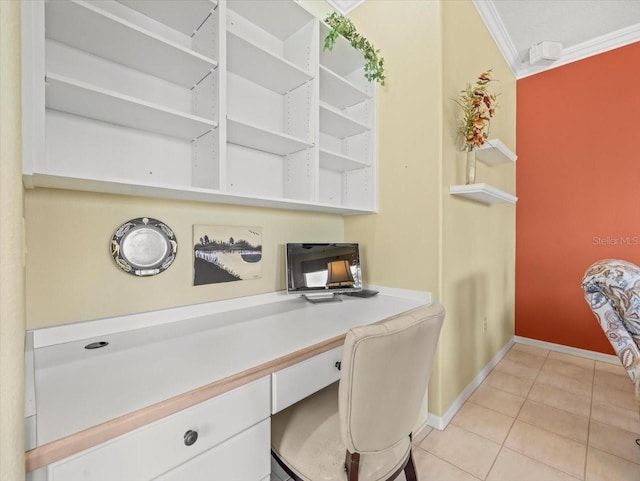 9216 Tarleton Cir, Weeki Wachee, FL 34613 - office featuring baseboards, light tile patterned flooring, crown molding, and built in study area
