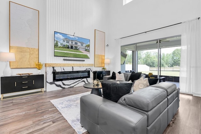 4188 Barbour Trl, Odessa, FL 33556 - living area with a high ceiling, wood finished floors, healthy amount of natural light, and a fireplace