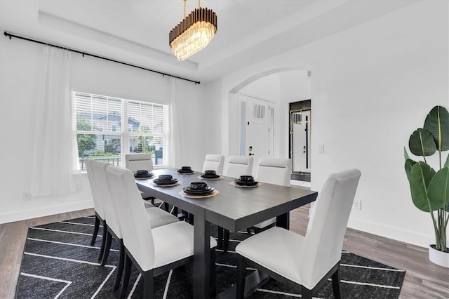 4188 Barbour Trl, Odessa, FL 33556 - dining room with arched walkways, baseboards, wood finished floors, and a tray ceiling