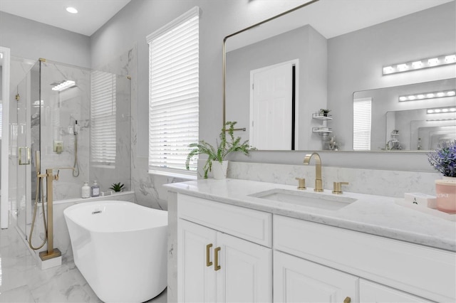 4188 Barbour Trl, Odessa, FL 33556 - full bathroom featuring a marble finish shower, marble finish flooring, a soaking tub, vanity, and recessed lighting