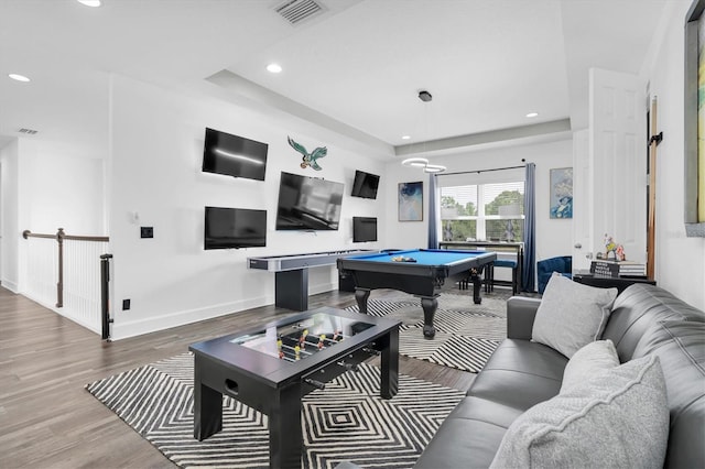 4188 Barbour Trl, Odessa, FL 33556 - rec room featuring pool table, wood finished floors, recessed lighting, baseboards, and a tray ceiling